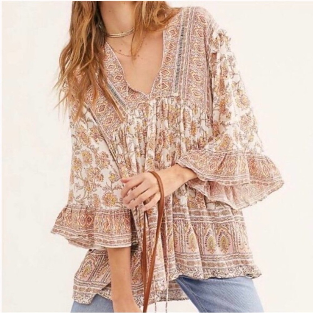 Free People Moonlight Dance Bell Sleeve Boho Tunic Top Ivory Size M